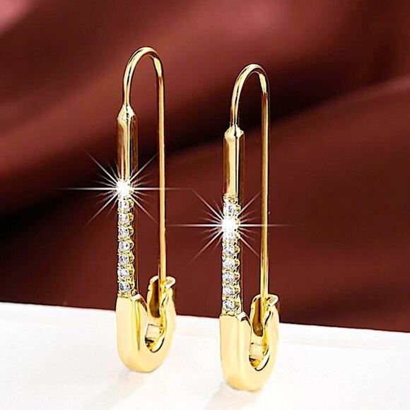 Gold Plated Zircon Safety Pin Earrings, Minimalist, Punk, Gift For Teenager - Picture 2 of 9
